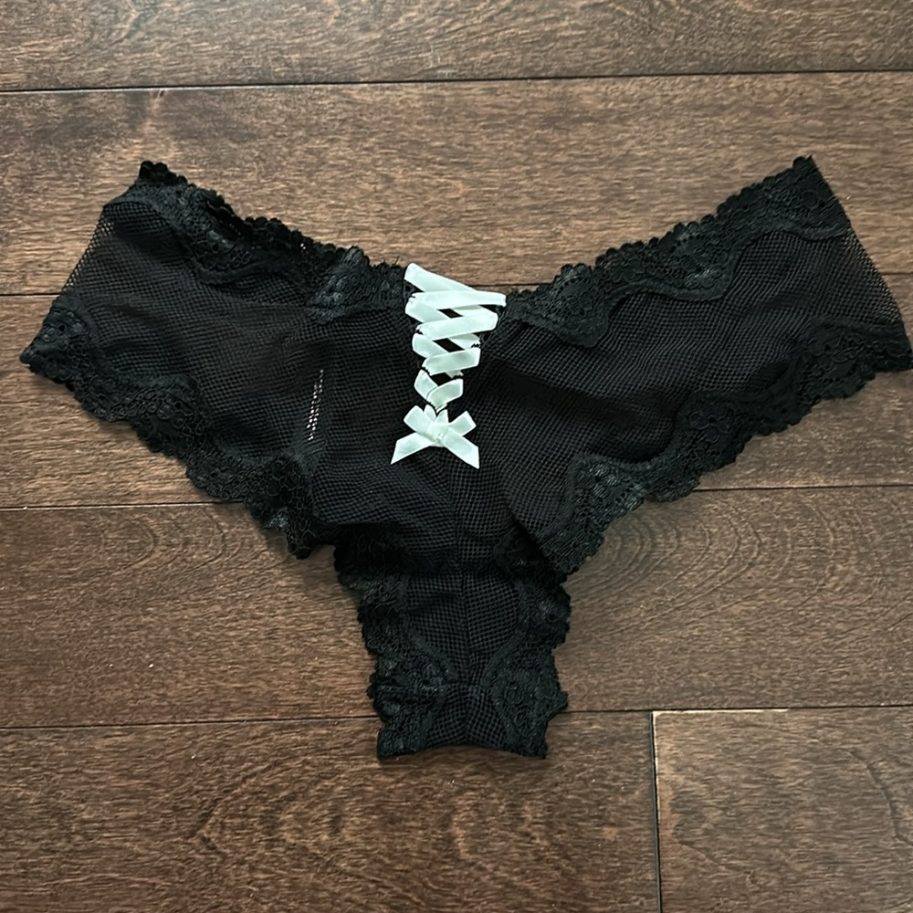 Victoria’s Secret Lace Trim Cheeky Panty Black Fishnet Lace-Up Back S
